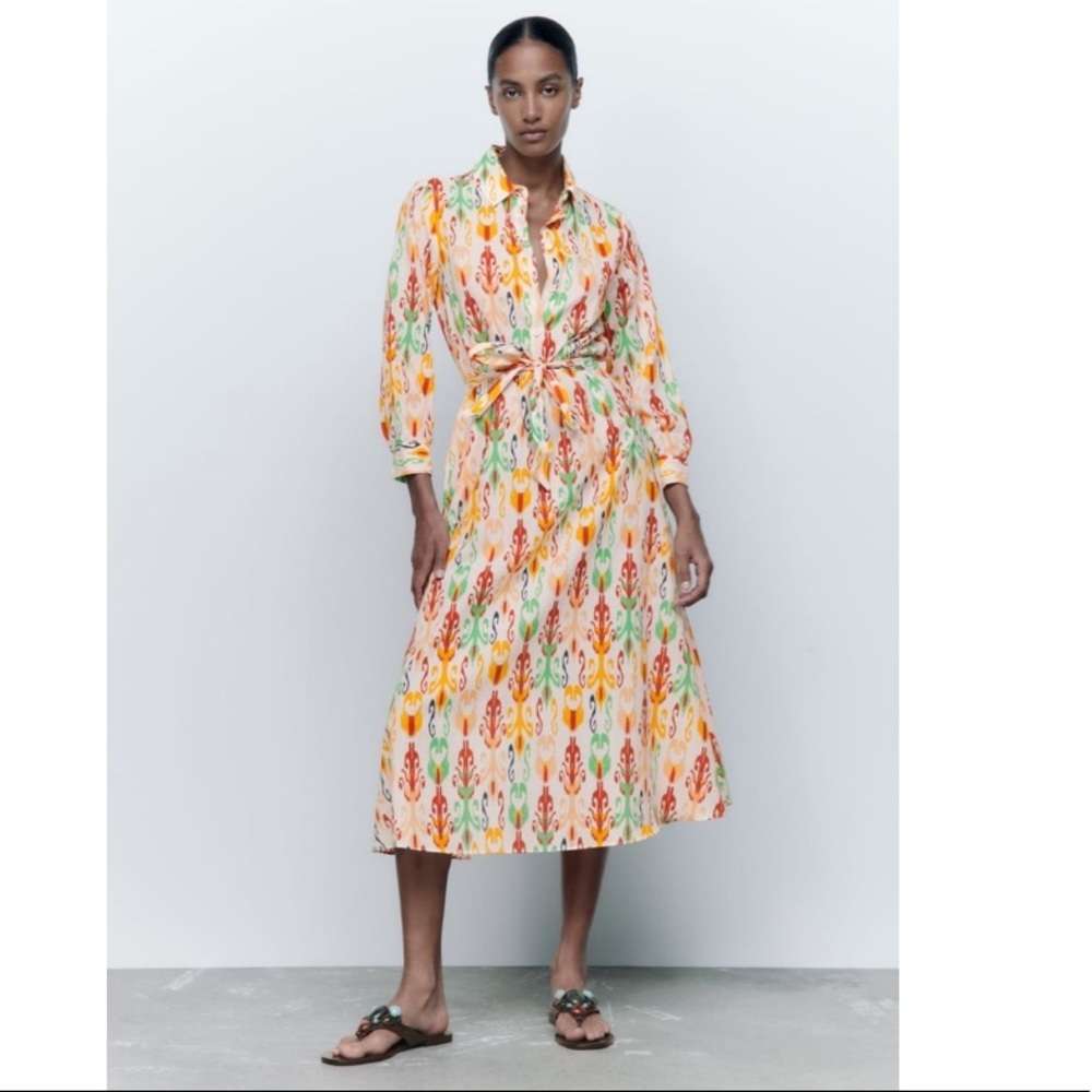 Zara Printed Long Sleeve Button Front Multicolor  Midi Dress